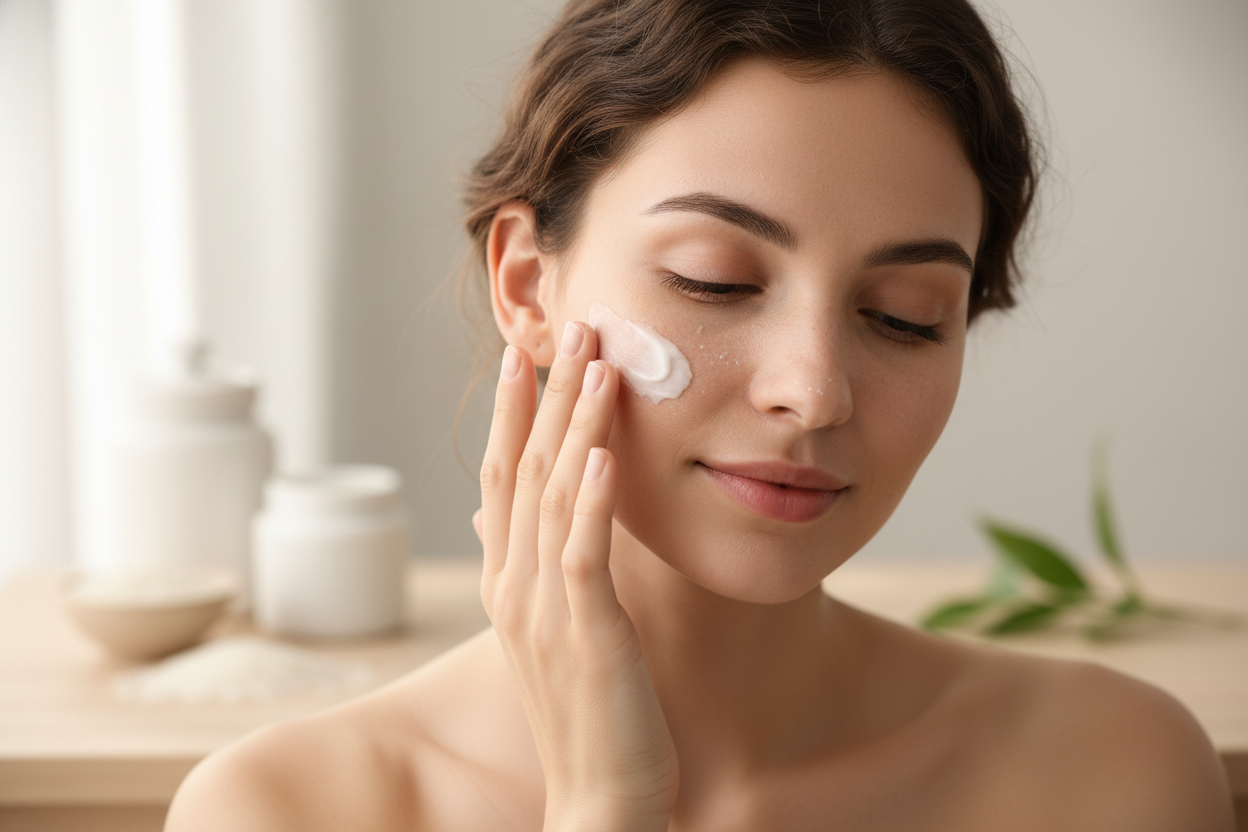 a woman apply rice cream at her face